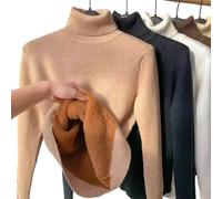 DYJAGYO Suéter de Invierno para Mujer - Vellón de Punto Grueso, Lana, Cuello Redondo y Alto, Cálido (Large, Oatmeal)