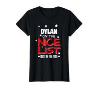 Dylan On The Nice List Funny Christmas Dylan Nombre Camiseta gráfica económica, Mujer, Negro, XL