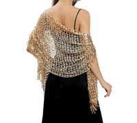 DyLyz Chal de ganchillo con lentejuelas brillantes doradas para mujer elegante bolero con flores huecas capa ligera con borlas de malla bufanda para cubrir vestidos de noche y fiestas