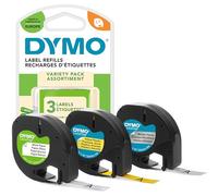 DYMO LT Etiquetas auténticas Starter Pack con papel, plástico y metálicos | Blanco, Amarillo y Plata Metálica | 12 mm x 4m (X3) | para las etiquetadoras LetraTag | autoadhesivo | 3 os