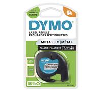 Dymo S0721750 LetraTag Cinta plástica, autoadhesiva, rollo de 12 mm x 4 m - Negro Print on Metallic Silver