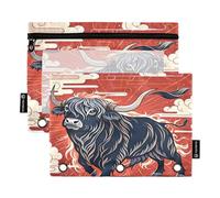 Dynamic Highland Bull Red - Juego de 2 estuches para carpetas de 3 anillas, cremallera suave con ventana de PVC transparente para suministros escolares
