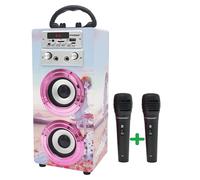 Dynasonic Karaoke Altavoz Bluetooth Portatil, 2 Micrófonos, USB/SD/AUX, Luces LED, Batería Recargable. Regalo para niños, comunión, cumpleaños y Fiestas
