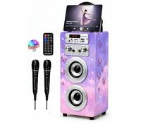 Dynasonic Karaoke Altavoz Bluetooth Portatil, 2 Micrófonos, USB/SD/AUX, Luces LED, Batería Recargable. Regalo para niños, comunión, cumpleaños y Fiestas