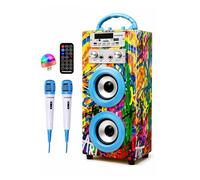 Dynasonic Karaoke Altavoz Bluetooth Portatil, 2 Micrófonos, USB/SD/AUX, Luces LED, Batería Recargable. Regalo para niños, comunión, cumpleaños y Fiestas