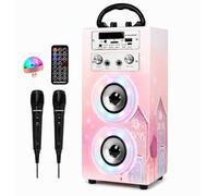 Dynasonic Karaoke Altavoz Bluetooth Portatil, 2 Micrófonos, USB/SD/AUX, Luces LED, Batería Recargable. Regalo para niños, comunión, cumpleaños y Fiestas
