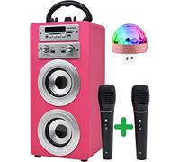 DYNASONIC Máquina de Karaoke Portátil, 2 Micrófonos, Altavoz Bluetooth, Luces, Lector USB y SD (025-Rosa)