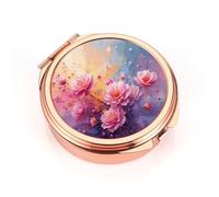 Dynippy Pastillero con bolsillo para espejo, 3 compartimentos, organizador de pastillas de vitaminas para bolsillo y viajes (redondo, oro rosa-BloomGlow)