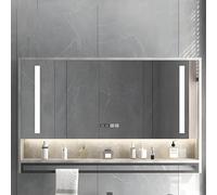 Dyqyym Espejo de baño iluminado LED con botón de empañamiento, espejo de almacenamiento con luces para maquillaje, acabado gris, 90 x 12 x 75 cm, diseño elegante y funcional