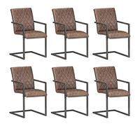 DYRJDJWIDHW 6 Piece Cantilever Dining Chairs Set Brown Leather Upholstered Retro Style Kitchen Restaurant Seating with Diamond Tufting and Distressed Effect