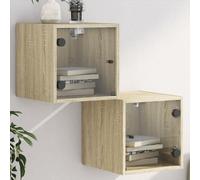 DYRJDJWIDHW Modern Night Stands with Glass Doors 2 Pack Sonoma Oak 35x37x35 cm Wall Mounted Bedside Tables with Storage Shelf for Living Room Bedroom Durable Engineered Wood