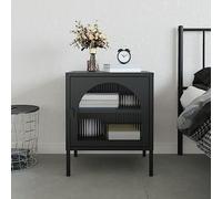 DYRJDJWIDHW Modern Nightstand with Glass Top and Black Steel Frame 50x35x60 cm, Adjustable Shelf & Leveling Feet, Elegant Bedside Table for Bedroom Decor, Sturdy Storage Furniture