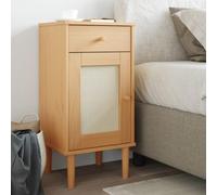 DYRJDJWIDHW SENJA Nightstand Modern Pine Wood with Rattan Look 40x35x80 cm, UV Varnish Finish, 1 Drawer & 2 Storage Compartments, Mid-Century Bohemian Style Bedside Table for Bedroom Living Room