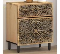 DYRJDJWIDHW Solid Mango Wood Nightstand 50x33x60 cm with Storage Drawer & Door, Hand Carved Floral Design, Vintage Bedside Table for Bedroom Decor, Sturdy Iron Legs