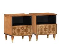 DYRJDJWIDHW Solid Mango Wood Nightstand Set of 2 with Storage Drawer, Hand Carved Floral Design Retro Bedside Table 40x33x46 cm for Bedroom Living Room Home Decor
