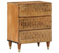DYRJDJWIDHW Solid Mango Wood Nightstand with 3 Drawers, Hand Carved Floral Design, Retro Bedside Table for Bedroom, Sturdy Iron Legs, 50x33x62 cm, Honey Brown Finish