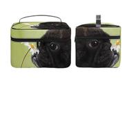 Dyscalibro Bolsa de cosméticos, bolsa de maquillaje de pollo colorido extraño, bolsa de aseo de viaje de cuero para mujer, Patrón de perro con flor de carlino, 25x18x15cm