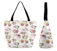 Dyscalibro Bolsa de mano con cremallera, 111 bonita bolsa de playa de perezoso, bolsa de hombro grande para uso diario, viajes, Pastel y tetera floral, 28.5 x 18 x 32.5 cm