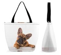 Dyscalibro Bolsa de mano con cremallera, bolsa de playa de cerdo rosa, bolsa de hombro grande para uso diario, viajes, Pata y perro de bulldog francés, 28.5 x 18 x 32.5 cm