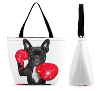 Dyscalibro Bolsa de mano con cremallera, bolsa de playa nativa americana, bolsa de hombro grande para uso diario, viajes, Boxer Bulldog Francés, 28.5 x 18 x 32.5 cm