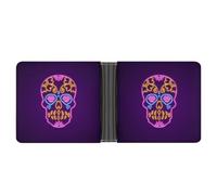 Dyscalibro Monedero de piel con diseño de dinosaurio monstruo, billetera plegable para tarjetas de crédito, Calavera de neón morada, One Size