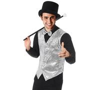 Dysmad Costumizate! Chaleco Lentejuelas Adulto en varias tallas para Carnaval, Halloween, fiestas temáticas y espectáculos. (FR/ES, Letras, Talla única, Regular, Regular, 2XL-3XL, Plata)
