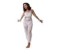 Dysmad Costumizate! Conjunto para Danza del Vientre para Mujer adulta. Contiene: Top y pantalón, Ambos con colgantes que suenan. Material predominante : Poliéster. Colores a elegir (Blanco)