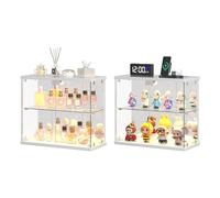 Dystler 2 vitrinas LED de cristal transparente para figuras y coleccionables, pequeño gabinete de exhibición de 2 niveles con estación de carga, caja de exhibición con luces y sensor humano, para