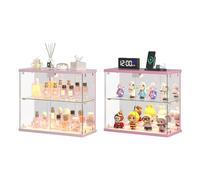 Dystler 2 vitrinas LED de cristal transparente para figuras y coleccionables, pequeño gabinete de exhibición de 2 niveles con estación de carga, caja de exhibición con luces y sensor humano, para