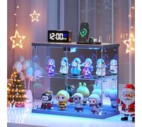 Dystler Vitrina de cristal transparente iluminada, para figuras y coleccionables, pequeño gabinete de exhibición de 2 niveles con estación de carga, caja de visualización LED con luces y sensor humano