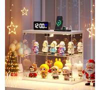 Dystler Vitrina de cristal transparente iluminada, para figuras y coleccionables, pequeño gabinete de exhibición de 2 niveles con estación de carga, caja de visualización LED con luces y sensor humano
