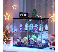 Dystler Vitrina de cristal transparente iluminada, para figuras y coleccionables, pequeño gabinete de exhibición de 2 niveles con estación de carga, caja de visualización LED con luces y sensor humano