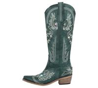 DYYEUAVT Botas vaqueras blancas bordadas con puntera puntiaguda para mujer, tacón de bloque, botines vaquera (color 4, 6)