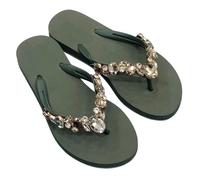 DYYEUAVT Comfortable All-match Beach Shoes Non-slip Soft Bottom Casual Flip-flops Rhinestone Chain Flat Slippers(Deep Green,35)