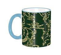 DZBDWZXH Tazas de café de cerámica con mango azul cielo, 325 ml, patrón de pétalos florales (verde cazador), taza de café de restaurante para café, capuchino, té, cacao, cereales