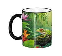 DZBDWZXH Tazas de café de cerámica con mango negro de 325 ml (Many Frogs Sing on The Branches Summer Butterflies Lake Water), taza de café de restaurante para café, capuchino, té, cacao, cereales
