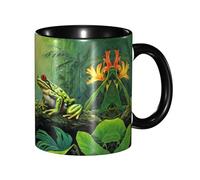DZBDWZXH Tazas de café de cerámica negra de 325 ml (Many Frogs Sing on The Branches Summer Butterflies Lake Water), taza de café de restaurante para café, capuchino, té, cacao, cereales