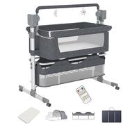 Dziranam Cuna Cododo Eléctrica para Recién Nacidos • Lecho de Bebé al Lado de la Cama • Altura Ajustable + Modo Mecedora + Colchón Confort Incluido(Gris)