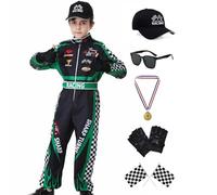 Dzorim Disfraz de Piloto de Coche, Ropa para Pilotos de Carreras, Dress Up con Guantes Gafas de Sol Gorro (Verde, 110)