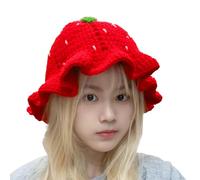DzpKrka Sombrero de ganchillo de fresa, sombrero de fresa, bonito sombrero de fresa con borde con volantes, sombreros de ganchillo portátiles para mujeres y niñas, sombrero de cubo de fresa, gorro de