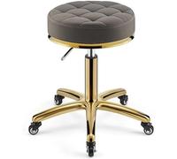 DZYHFCO Taburete giratorio de cuero con ruedas de 360°, silla hidráulica ajustable con base de acero inoxidable dorado, resistente (mediano)