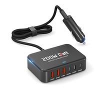 Dzytnsy Estación de carga rápida para coche de 200 W, 6 puertos, compatible con MacBook Pro/Air/M5 M4 M3 M2 M1/Dell/Lenovo/HP, para iPhone 18/17/16/15 Series, Samsung Galaxy S26/S25 Ultra/S24 Series y