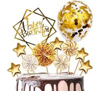 E-ASUM Juego de decoración para tartas de cumpleaños, decoración para tartas de cumpleaños, confeti, globos, estrellas, abanicos de cumpleaños, decoración para tartas de cumpleaños (dorado)