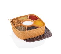 E-COSMOS Juego de caja cuadrada de plástico de 7 secciones, multiusos, Masala Rangoli Dabba, juego de caja de especias, color marrón (caja Masala, 7 en 1)