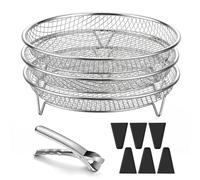 E-far Estante para freidora de aire, cesta redonda de 7.9 pulgadas para horno, juego de 3 niveles apilable de acero inoxidable para freír asar, con patas de silicona y clip antiquemaduras, apto para