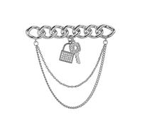 E Fashion Metal Key Tassel Long Brooch Rhinestone Chain Lapel Pin for Men's Suit Shirt Badge Brooches Pins Accessories (Silver)