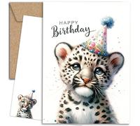 E&G Klasse Animal Aqaurell Tarjeta de felicitación postal con sobre de papel de estraza con bonitos animales con estampado de feliz cumpleaños (leopardo)