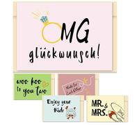 E&G Klasse Juego de 5 tarjetas de felicitación de boda con sobres para adultos, A6, multicolor, felicitaciones postales de boda Mr and Mrs Just Married Love