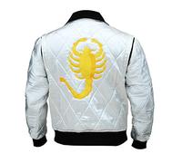 e_Genius Chaqueta para hombre Ryan Gosling Drive Scorpion White Satin Bomber Jacket, White Drive Satin Jacket, L