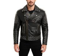 e Genius Nuevo Mens Punk Biker Full Black Silver Studded Biker Chaqueta de cuero, Chaqueta de piel auténtica con tachuelas negras, XL